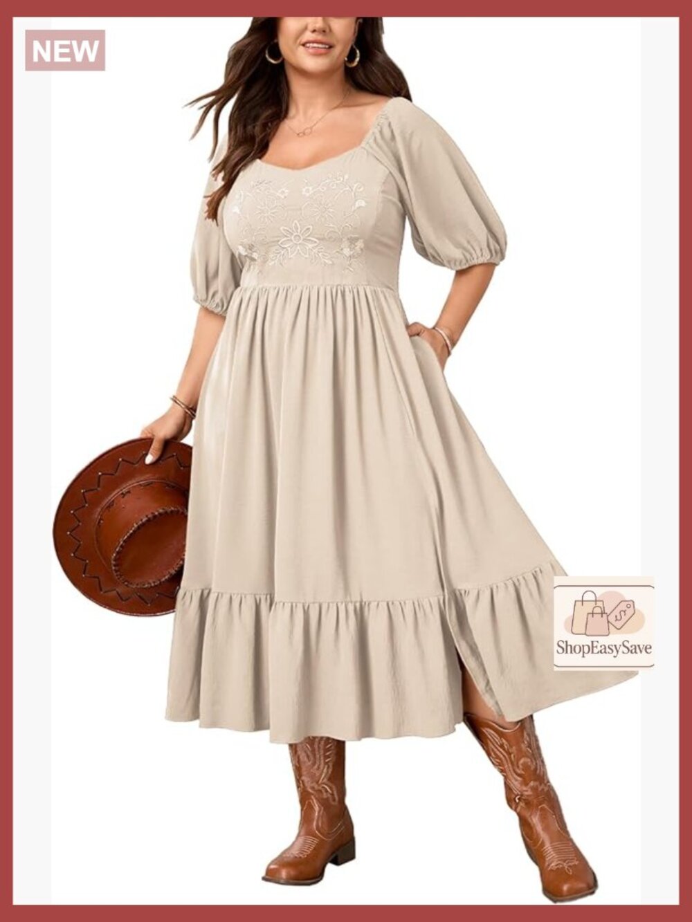 Floral Embroidered Midi Dress Smocked Back Ruffle Hem Side Slit Boho Chic